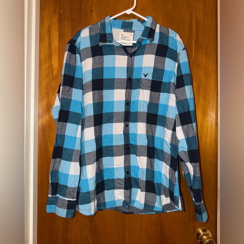 American Eagle Outfitters Blue and White Plaid Button-Down Shirt